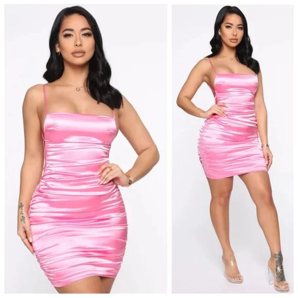 Fashion Nova | Dresses | Fashion Nova Sweeter Than Candy Pink Satin Cowl  Square Ruched Cross Back Dress | Poshmark